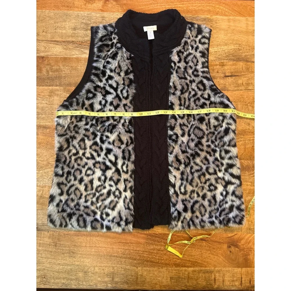 Chico's Faux Fur Vest Womens 2 Black Leopard‎ Print Excellent Knit Open Front